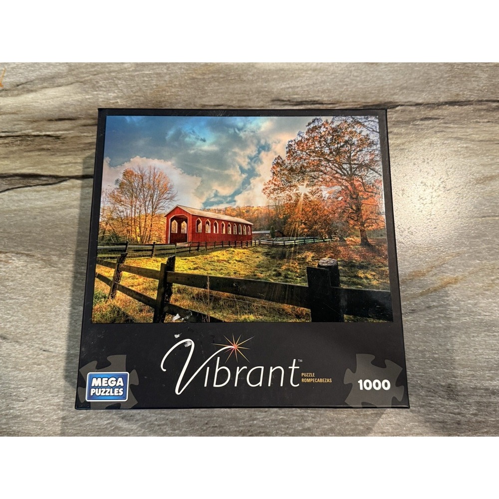 Mega Puzzles 1000 Piece Jigsaw Puzzle‎ Vibrant - Country Covered Bridge - Used